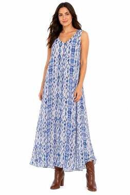 JM Collection Women’s XL Blue Whie IKat Print Sleeveless Maxi Dress
